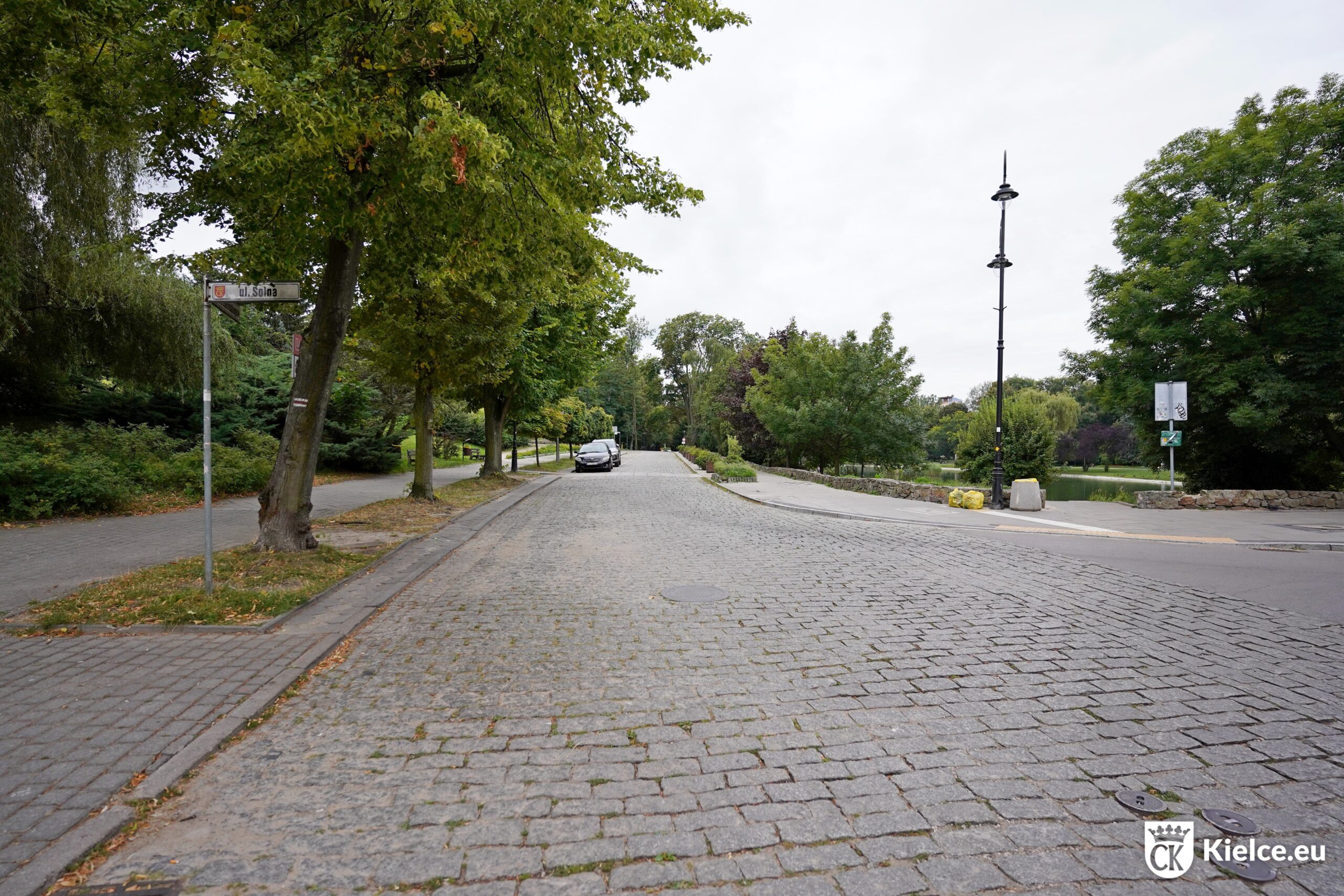 Fragment brukowanej ulicy Staszica na odcinku od ulicy Solnej w kierunku ulicy Zamkowej.