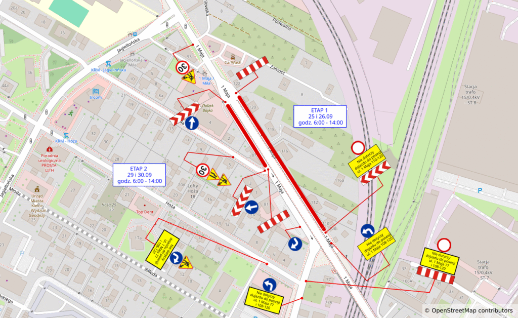 Mapka poglądowa obrazująca utrudnienia w ruchu w obrębie wiaduktu w ciagu ulicy 1-go Maja